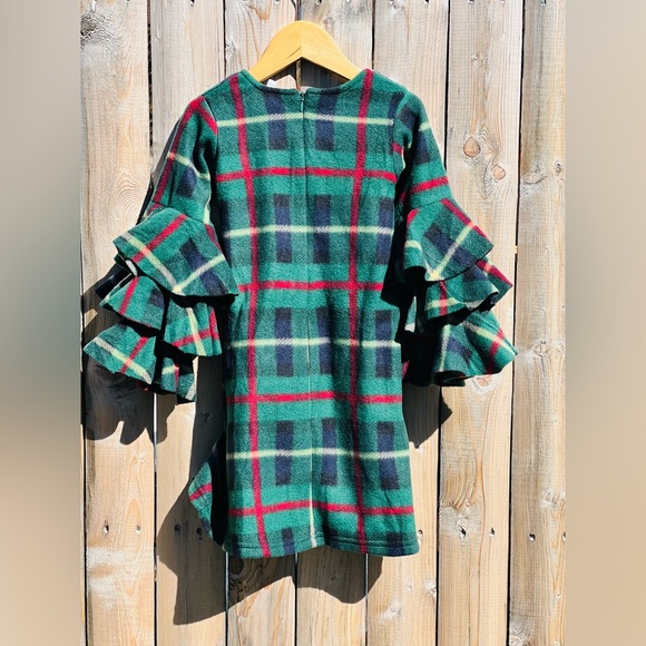 Mia Belle Girls Under the Mistletoe Tiered Sleeve Miya Dress in green plaid - Picture 12 of 13